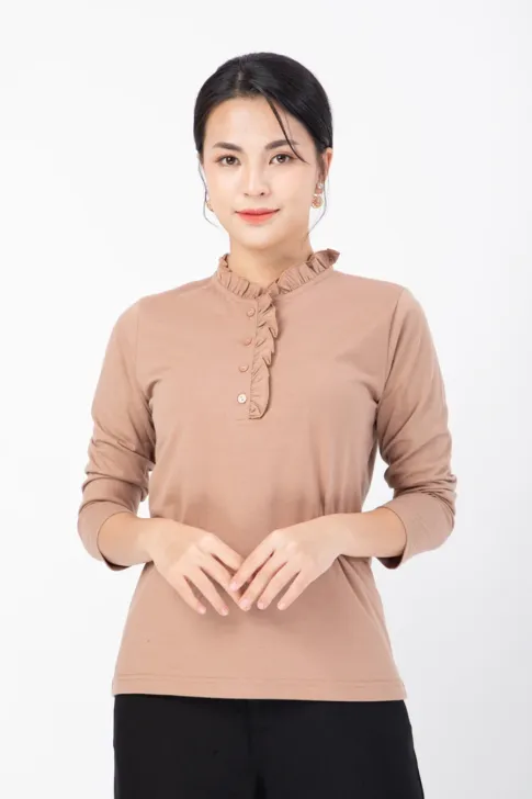 Áo Trung Niên Nữ  dài tay thiết kế cổ nhún bèo, chất liệu cotton thoáng mát thương hiệu Thiều Hoa K1107