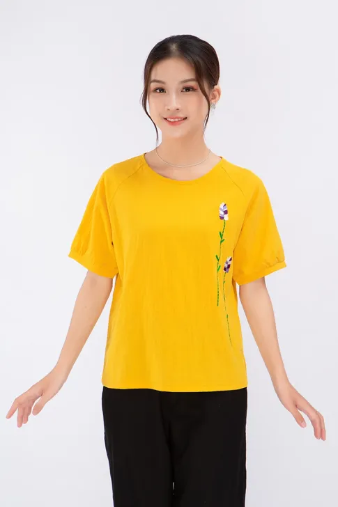 Áo Kiểu trung niên Nữ Linen Tay Bồng Thiều Hoa Y969