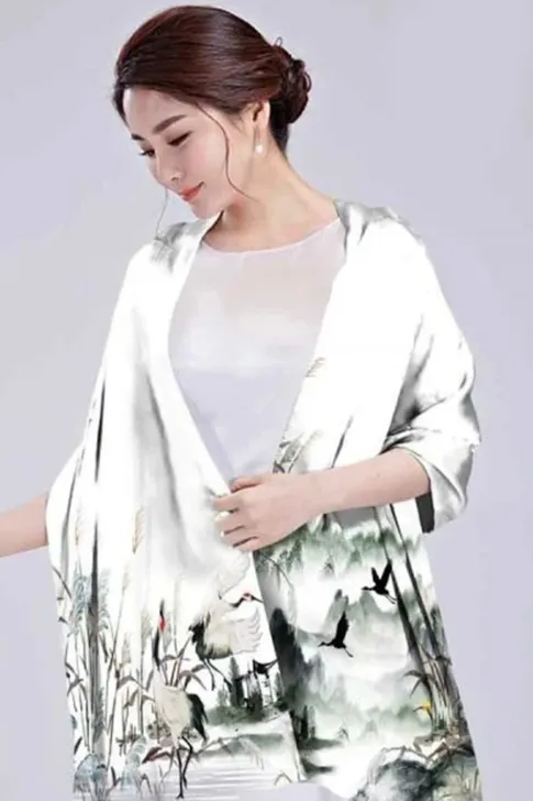 Khăn Lụa Tơ Tằm Song Hạc Trường Thọ TUK003