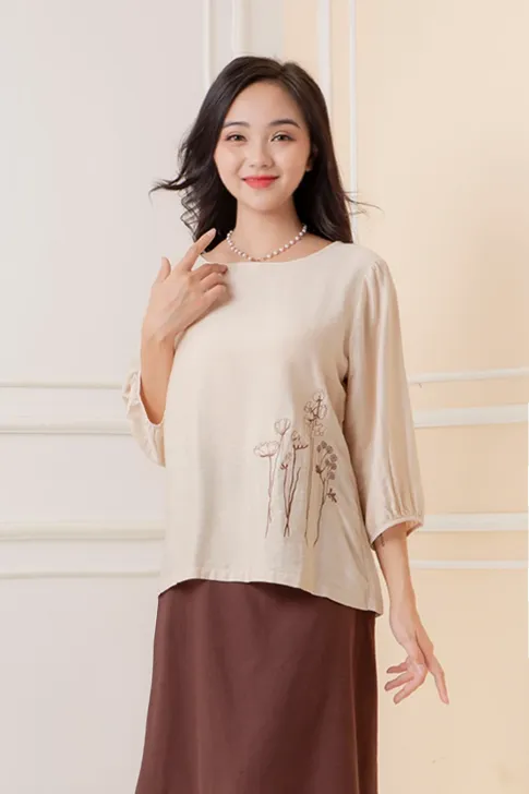 Áo kiểu trung niên cho mẹ, hoa thêu sang trọng bắt mắt, chất liệu vải xô cao cấp Thiều Hoa AN2C0729