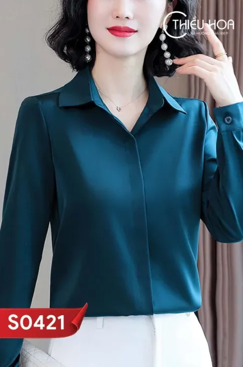 Áo Sơ Mi Trung Niên Nữ, thiết kế sang trọng, chất liệu lụa cao cấp thương hiệu Thiều Hoa AD3S0421