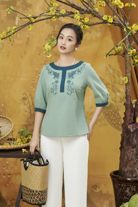 Áo Kiểu Trung Niên, chất liệu linen thun co dãn tốt, siêu tôn dáng thương hiệu Thiều Hoa AN3L1038