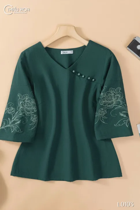 Áo kiểu nữ trung niên, thiết kế thêu hoa tinh tế, chất liệu linen cao cấp tặng mẹ Thiều Hoa AN4L0103