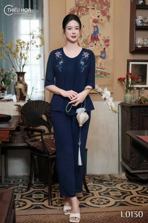 Đồ bộ nữ trung niên cao cấp, chất liệu Chiffon mềm mại thoáng mát thiết kế sang trọng, thương hiệu Thiều Hoa DB4L0130