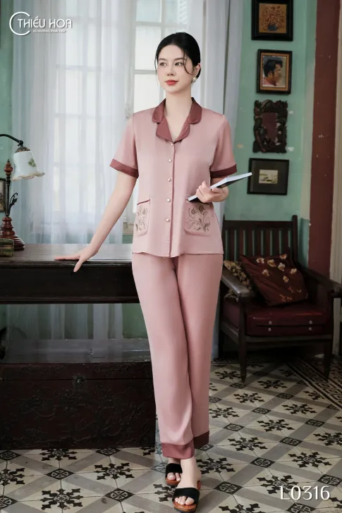 Đồ bộ trung niên thiết kế nữ, chất liệu Lụa Pháp thoải mái mềm mại thấm hút mồ hôi, thương hiệu Thiều Hoa DB4L0316