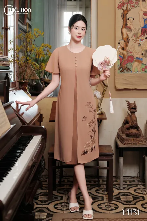 Đầm kiểu nữ trung niên sang trọng, chất liệu Chiffon phối Lụa Latin Hàn mềm mịn mát, thương hiệu Thiều Hoa DD3L1131