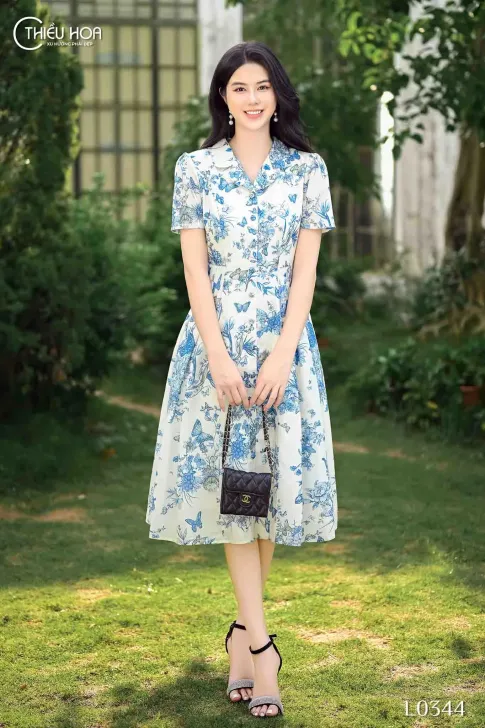 Đầm trung niên thời trang thiết kế thanh lịch phù hợp cho nhiều dịp chất liệu Kate Nhật cao cấp thương hiệu Thiều Hoa DD4L0344