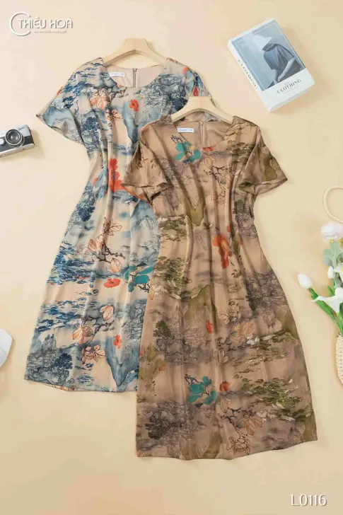 Đầm trung niên thiết kế độc đáo chất liệu satin lụa thương hiệu Thiều Hoa DD4L0116