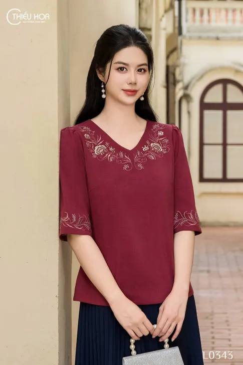 Áo trung niên thiết kế thanh lịch sang trọng chất liệu Linen gân tre thương hiệu Thiều Hoa AN4L0343