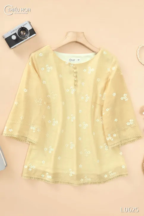 Áo kiểu trung niên thiết kế thanh nhã nhẹ nhàng Chất liệu Tơ Nhật in hoa mỏng mịn thương hiệu Thiều Hoa AN4L0625