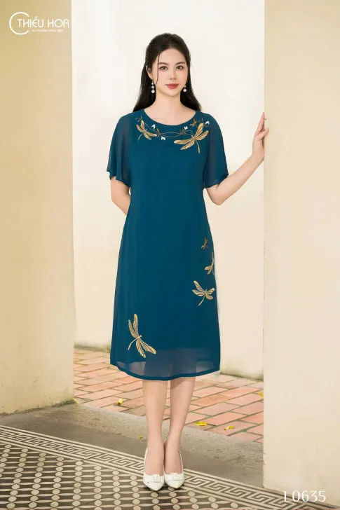 Đầm trung niên thiết kế thanh thoát chất liệu Chiffon mỏng nhẹ thương hiệu Thiều Hoa DD4L0635