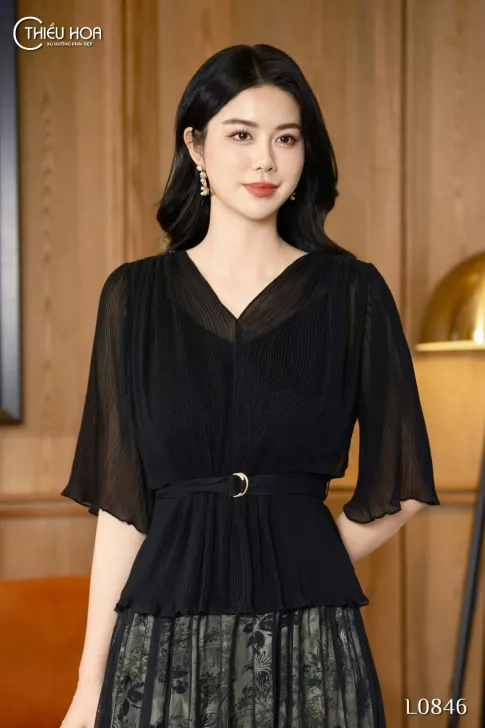 Áo kiểu trung niên thiết kế sang trọng chất liệu Voan dập li tăm mỏng mát thương hiệu Thiều Hoa AN4L0846