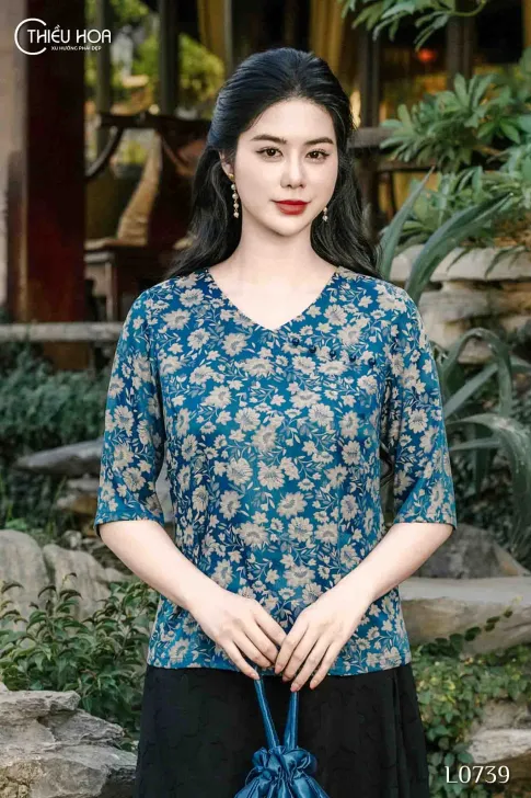 Áo kiểu trung niên thiết kế truyền thống chất liệu Gấm Hoa cao cấp thương hiệu Thiều Hoa AN4L0739