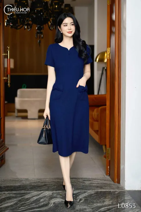 Đầm trung niên thiết kế thanh lịch chất liệu Thun dập nổi cao cấp thương hiệu Thiều Hoa DD4L0853