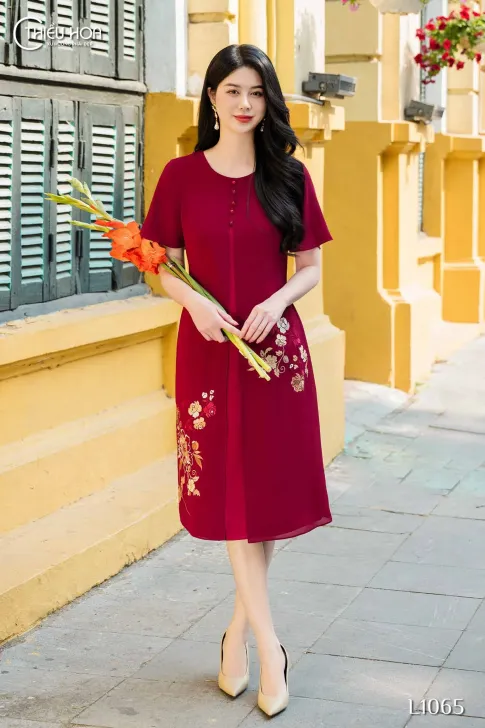 Đầm trung niên thiết kế truyền thống chất liệu Chiffon phối lụa latin thương hiệu Thiều Hoa DD4L1065