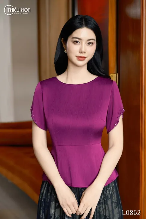 Áo kiểu trung niên thiết kế đơn giản chất liệu  Lụa vân sóng mềm mịn thương hiệu Thiều Hoa AN4L0862