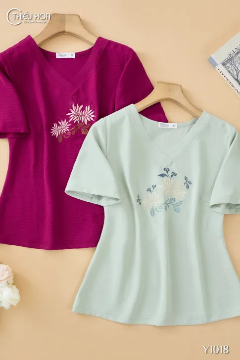 Áo trung niên thiết kế thoáng mát chất liệu Đũi mềm được dập nhăn nhẹ thương hiệu Thiều Hoa AN4Y1018