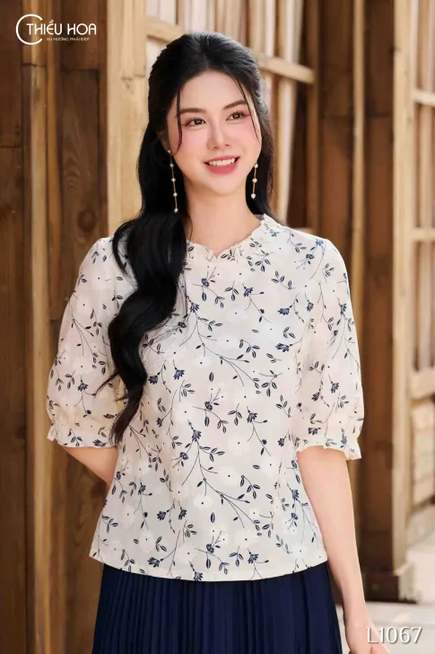 Áo kiểu nữ trung niên thiết kế chất liệu Linen mộc in hoa mềm mại thương hiệu Thiều Hoa AN4L1067