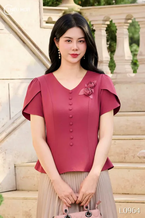 Áo kiểu trung niên thiết kế lịch sự nhã nhặn chất liệu  Crepe gân mỏng thương hiệu Thiều Hoa AN4L0964