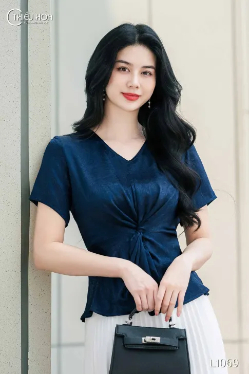 Áo kiểu nữ trung niên dáng peplum chất liệu Cotton lụa cao cấp thương hiệu Thiều Hoa AN4L1069
