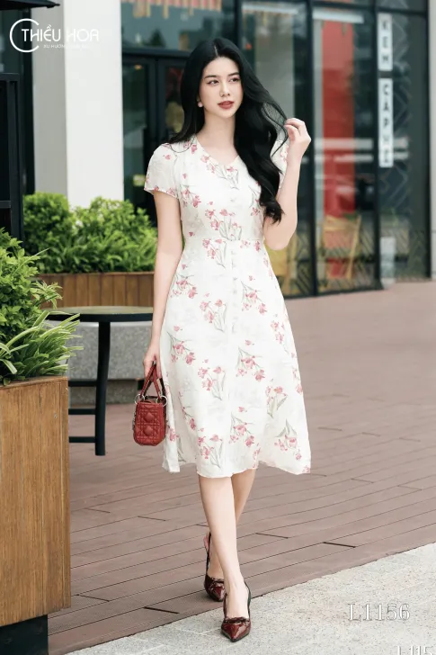 Đầm Voan Hoa Ly Hồng Thiết Kế Thương Hiệu Thiều Hoa DD4L1156