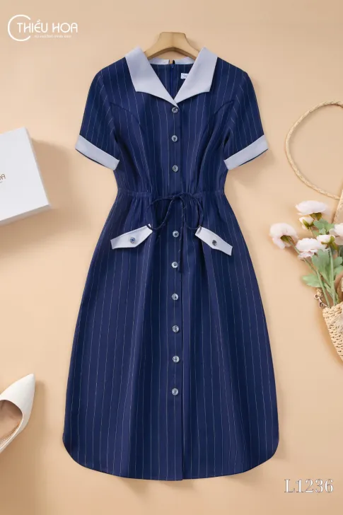 Đầm suông nữ trung niên phối sọc trắng chất liệu chéo xược cao cấp thương hiệu Thiều Hoa DD4L1236