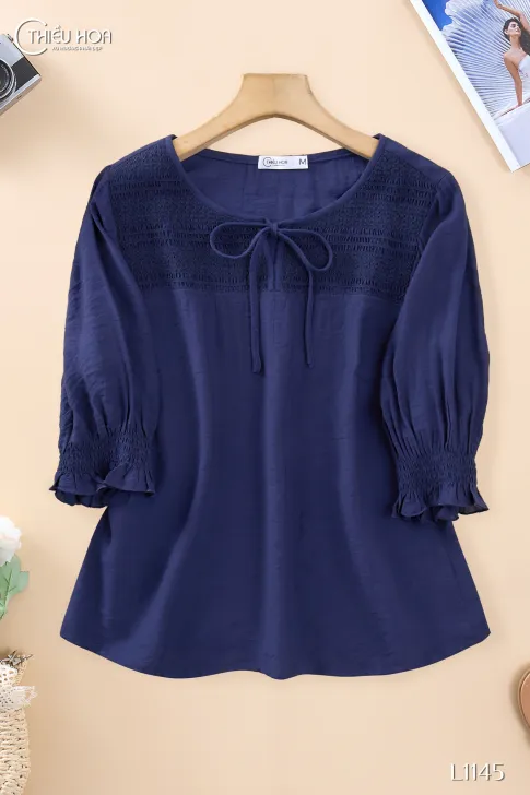 Áo kiểu nữ trung niên thiết kế nhún thêu chất liệu Tơ Hàn cao cấp thương hiệu Thiều Hoa AN4L1145
