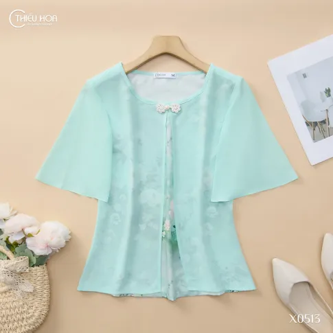 Áo Trung Niên Lụa Phối Chiffon Thiều Hoa AN5X0513 – Thanh Thoát & Duyên Dáng