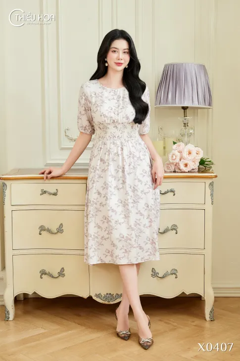 Đầm Cotton Lụa Cao Cấp DD5X0407 – Đầm Trung Niên Thiều Hoa