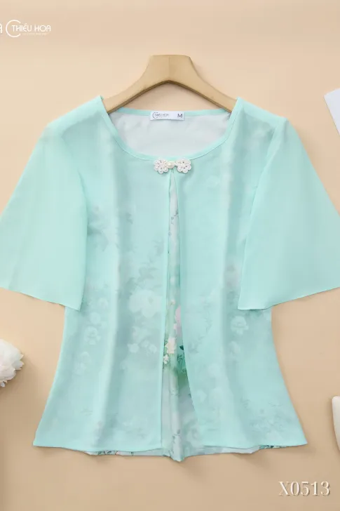 Áo Trung Niên Lụa Phối Chiffon Thiều Hoa AN5X0513 – Thanh Thoát & Duyên Dáng