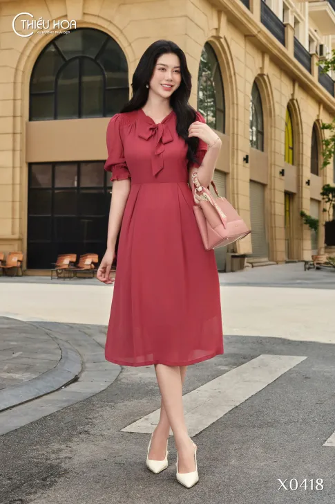 Đầm Trung Niên Dạo Phố Tơ Gân Cao Cấp Cổ Nơ Tay Phồng Dáng A Thanh Lịch DD5X0418 – Thiều Hoa