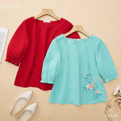 Áo Trung Niên Linen Bố Sọc Thiều Hoa AN5Y0420 – Thanh Lịch & Nữ Tính