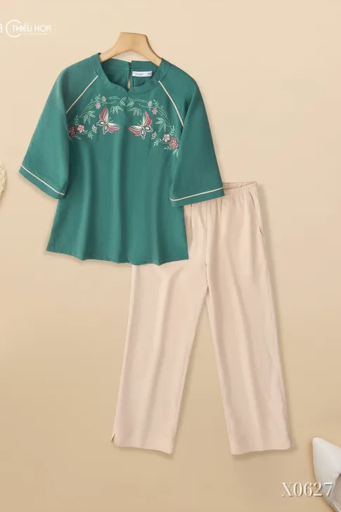 Đồ Bộ Trung Niên Đũi Linen Cao Cấp Thêu Hoa Thanh Nhã, Thoáng Mát DB5X0627 – Thương Hiệu Thiều Hoa