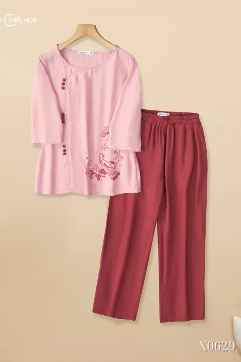 Đồ Bộ Trung Niên Tơ Xước Cao Cấp Đơn Giản Thanh Thoát DB5X0629 - Thương Hiệu Thiều Hoa