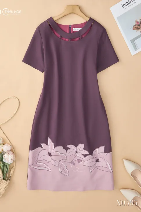 Đầm Trung Niên Crepe Dập Ô Thêu Hoa Trẻ Trung Dạo Phố DD5X0505 – Thiều Hoa
