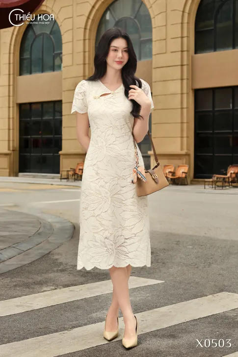 Đầm ren dạo phố tay cánh tiên DD5X0503 – Đầm Trung Niên Thiều Hoa Thanh lịch và quyến rũ
