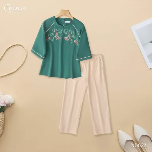 Đồ Bộ Trung Niên Đũi Linen Cao Cấp Thêu Hoa Thanh Nhã, Thoáng Mát DB5X0627 – Thương Hiệu Thiều Hoa