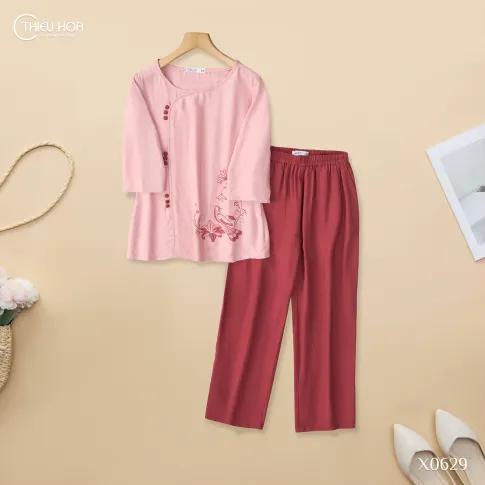 Đồ Bộ Trung Niên Tơ Xước Cao Cấp Đơn Giản Thanh Thoát DB5X0629 - Thương Hiệu Thiều Hoa