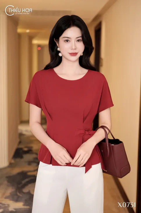 Áo kiểu trung niên Crepe Cotton cao cấp, thiết kế peplum tôn dáng trẻ trung AN5X0731 - Thiều Hoa