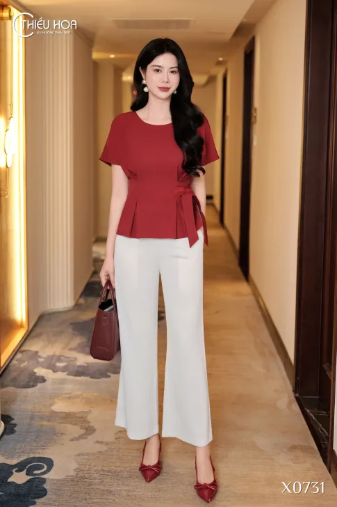 Áo kiểu trung niên Crepe Cotton cao cấp, thiết kế peplum tôn dáng trẻ trung AN5X0731 - Thiều Hoa