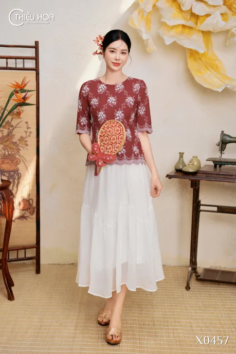 Áo Tơ Thêu Hoa Thiết Kế AN5X0457 - Áo Trung Niên Thiều Hoa