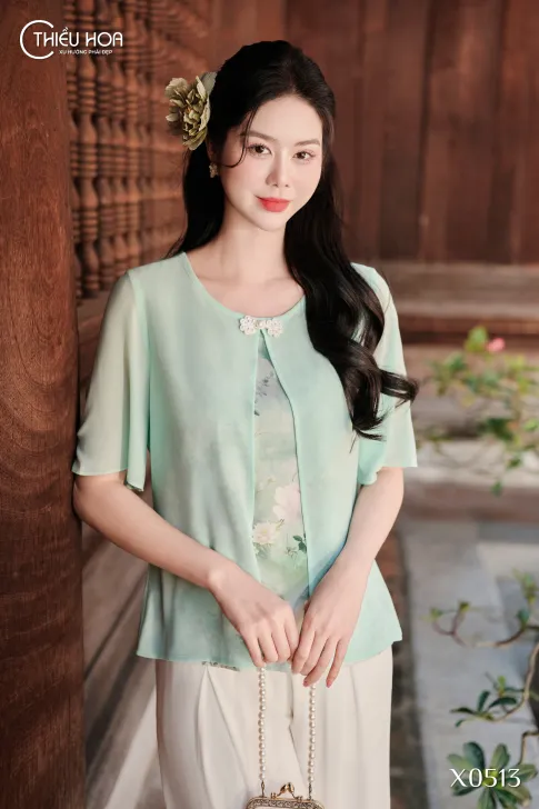 Áo Trung Niên Lụa Phối Chiffon Thiều Hoa AN5X0513 – Thanh Thoát & Duyên Dáng