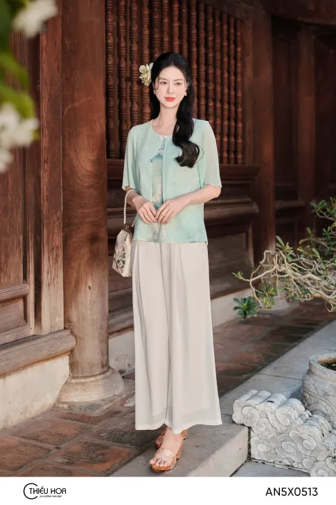 Áo Trung Niên Lụa Phối Chiffon Thiều Hoa AN5X0513 – Thanh Thoát & Duyên Dáng