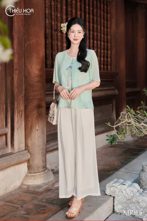 Áo Trung Niên Lụa Phối Chiffon Thiều Hoa AN5X0513 – Thanh Thoát & Duyên Dáng