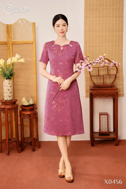 Đầm trung niên dạo phố gấm hoa xà cừ Thiết kế sang trọng, quý phái DD5X0456 - Thiều Hoa