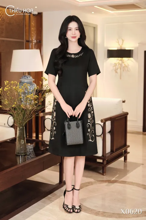 Đầm trung niên dự tiệc bố chéo Nhật tinh xảo DD5X0620 – Thiều Hoa