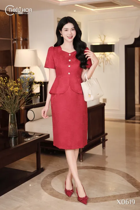 Đầm Trung Niên Dự Tiệc Gấm Cao Cấp Dệt Hoa Peplum Tôn Dáng DD5X0619 – Thiều Hoa