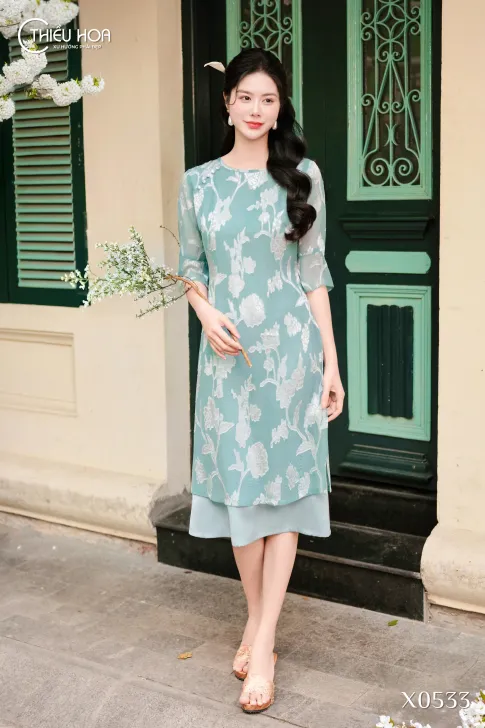 Đầm Trung Niên Kiểu Truyền Thống Voan Hoa Thiều Hoa TT5X0533 – Mềm Mại & Dịu Dàng