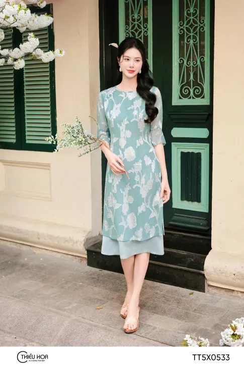 Đầm Trung Niên Kiểu Truyền Thống Voan Hoa Thiều Hoa TT5X0533 – Mềm Mại & Dịu Dàng