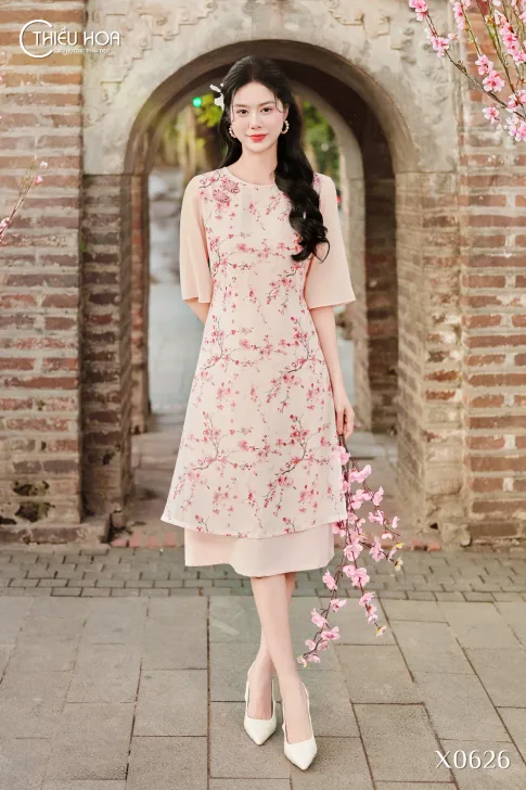 Đầm trung niên truyền thống chiffon hoa phối lụa mịn phong cách thanh nhã DD5X0626 – Thiều Hoa
